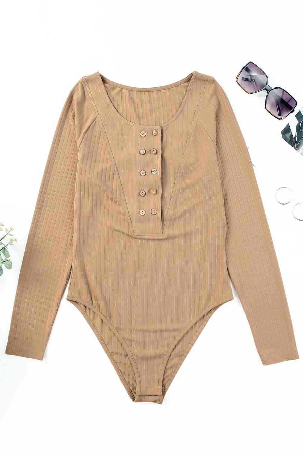 stylish Ribbed Buttoned Long Sleeve Bodysuit
