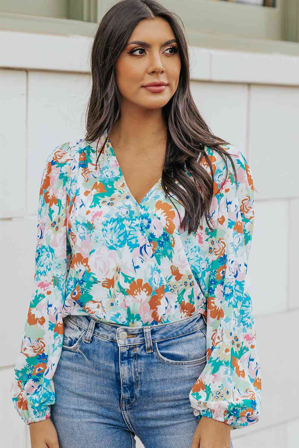 stylish Floral Long Balloon Sleeve Bodysuit
