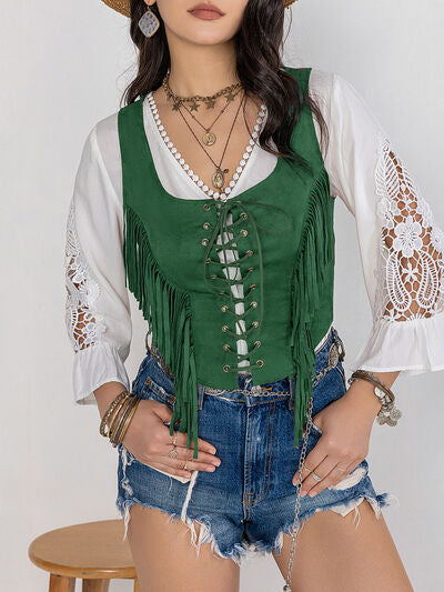 stylish Fringe Lace-Up Wide Strap Tank
