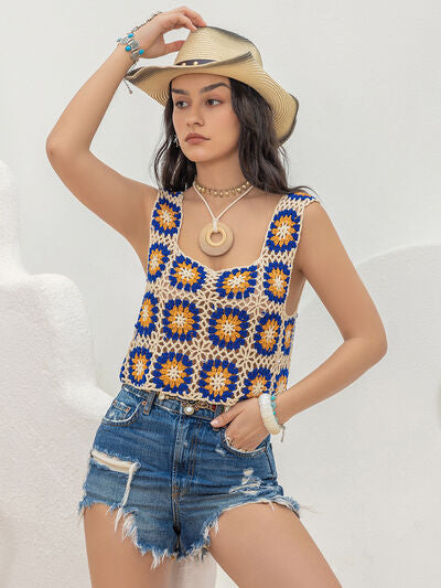 stylish Openwork Graphic Square Neck Tank 
